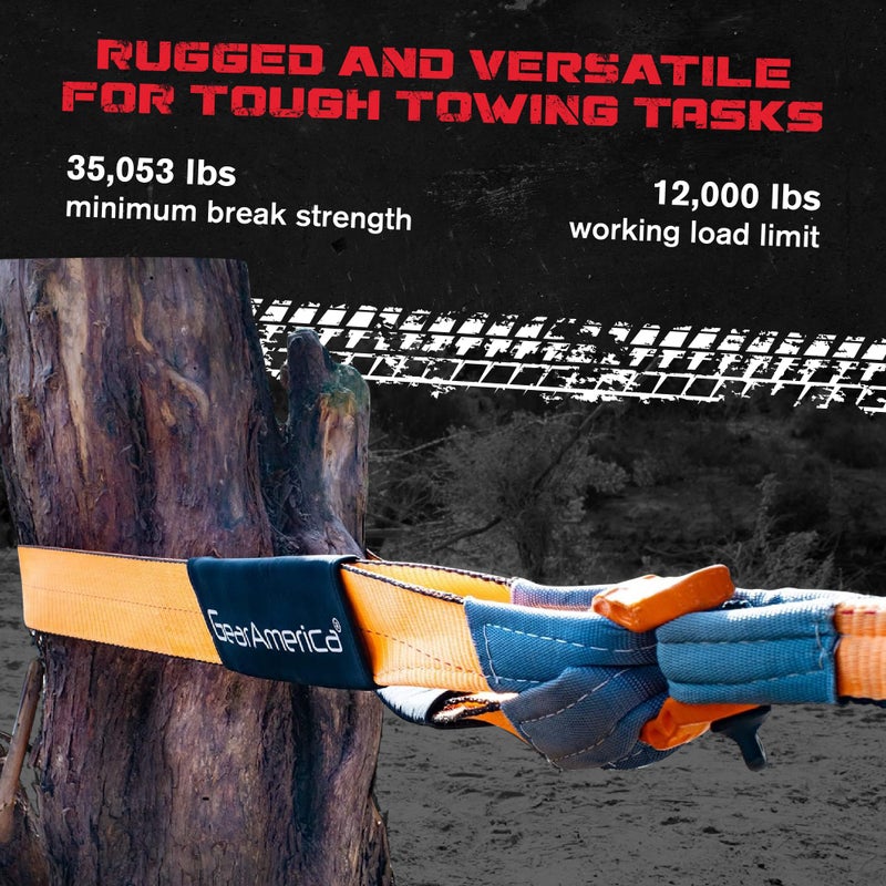 GA GEARAMERICA GearAmerica Heavy Duty Tow Strap 3" x20' | 35,000 lbs (17.5 US Tons) Strength | Use for Emergency 4x4 Towing, Recovery, or Winch Extension | Triple Reinforced Loops, Protective Sleeves & Storage Bag - Image 2
