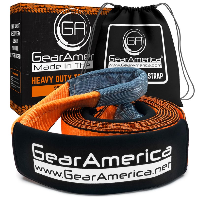GA GEARAMERICA GearAmerica Heavy Duty Tow Strap 3" x20' | 35,000 lbs (17.5 US Tons) Strength | Use for Emergency 4x4 Towing, Recovery, or Winch Extension | Triple Reinforced Loops, Protective Sleeves & Storage Bag - Image 1
