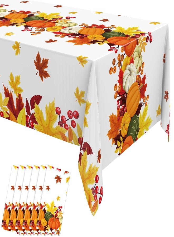 Oudain 6 Pcs Thanksgiving Disposable Tablecloth Fall Maple Pumpkin Plastic Table Cover 54'' x 108'' Orange Rectangle Autumn Table Cloth for Fall Thanksgiving Day Decoration (White) - Image 1
