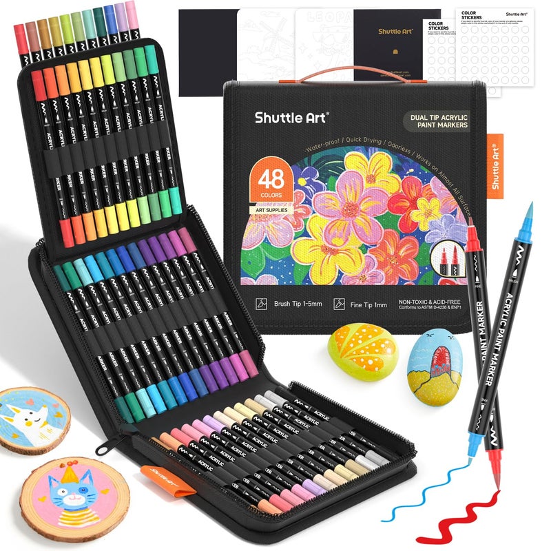 Shuttle Art 48 Colors Dual Tip Acrylic Paint Markers, Brush Tip and Fine Tip Acrylic Paint Pens for Rock Painting, Ceramic, Wood, Canvas, Plastic, Glass, Stone, Calligraphy, Card Making, DIY Crafts - Image 1