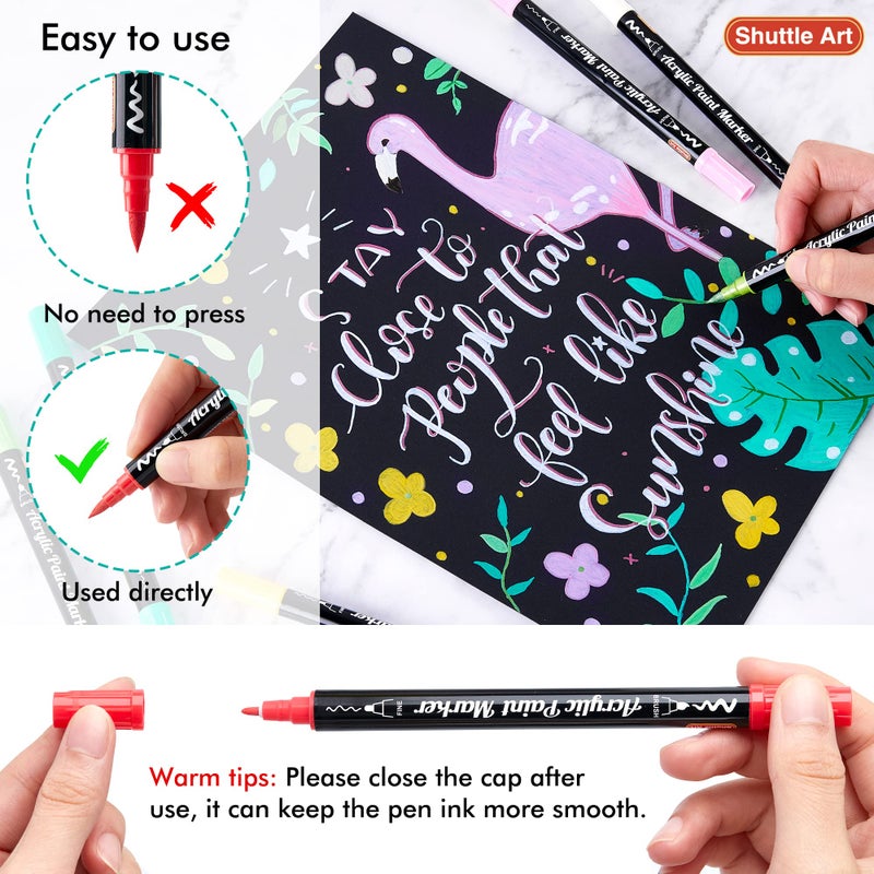 Shuttle Art 48 Colors Dual Tip Acrylic Paint Markers, Brush Tip and Fine Tip Acrylic Paint Pens for Rock Painting, Ceramic, Wood, Canvas, Plastic, Glass, Stone, Calligraphy, Card Making, DIY Crafts - Image 5