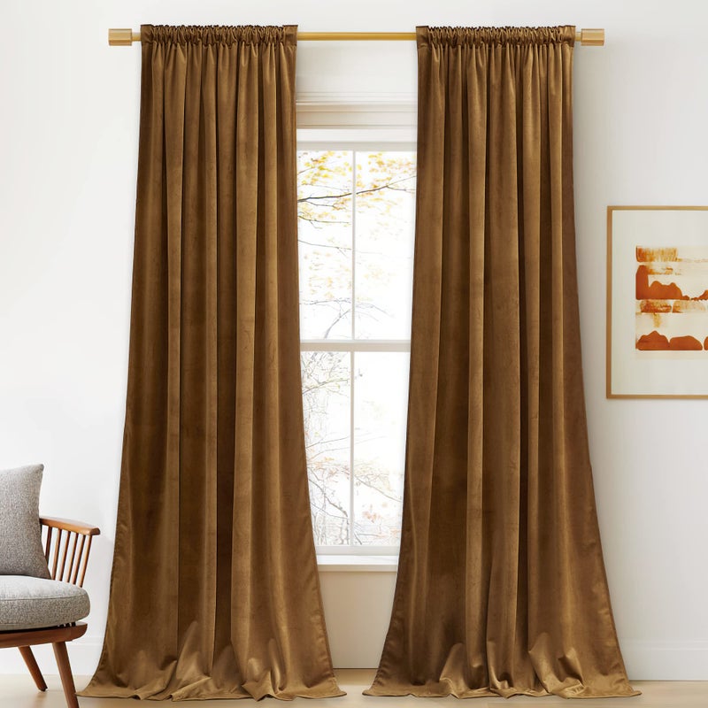 StangH Gold Brown Velvet Curtains 90 inches Long - Classic Traditional Home Decor for Bedroom/Living Room Thermal Insulated Blackout Vintage Drapes for Cottage/Farmhouse/Cabin, W52 x L90, 2 Panels - Image 2