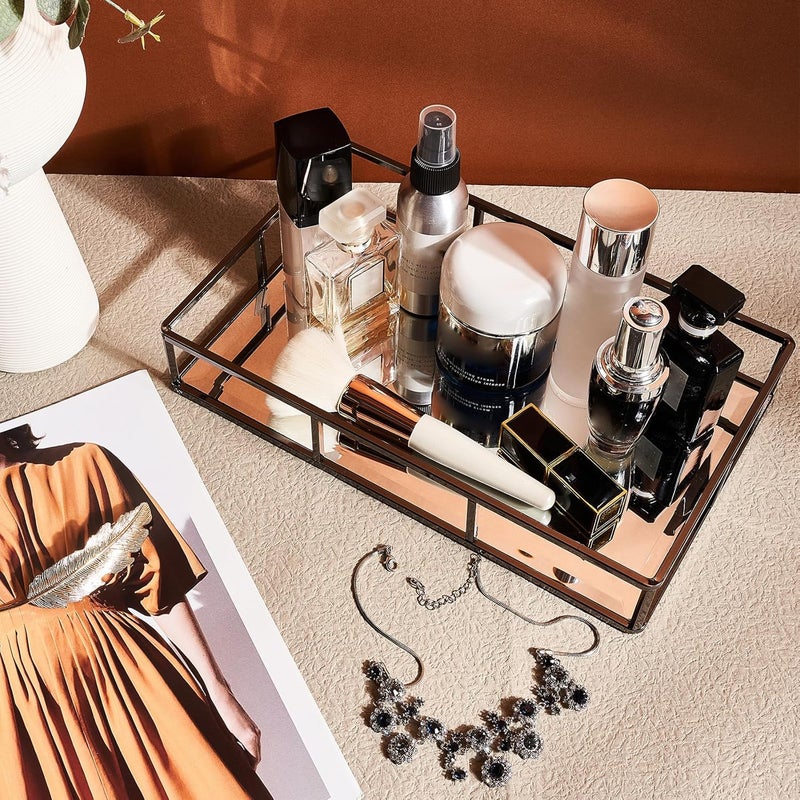 PuTwo Mirror Tray, Smoky Black Perfume Tray, Decorative Tray, Metal Vanity Tray, Jewelry Tray, Tray Decor, Decorative Trays, Glass Tray, Perfume Organizer, Vanity Trays for Bathroom, Counter, Bathroom - Image 2