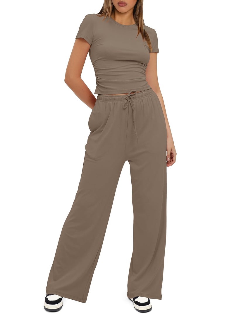 Darong Women's 2 Piece Set Outfits Lounge Sets Ruched Short Sleeve Tops High Waisted Wide Leg Pants Tracksuit Sets 9042A(inseam28-29) Light Khaki S - Image 3