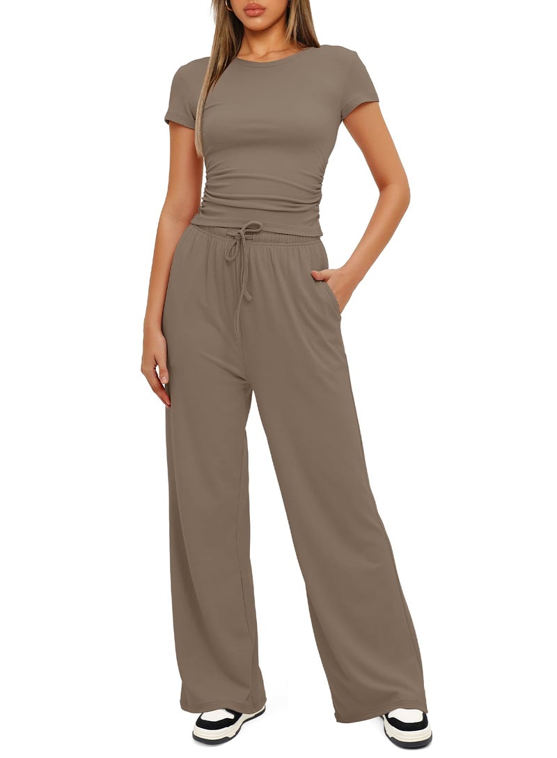 Darong Women's 2 Piece Set Outfits Lounge Sets Ruched Short Sleeve Tops High Waisted Wide Leg Pants Tracksuit Sets 9042A(inseam28-29) Light Khaki S - Image 4