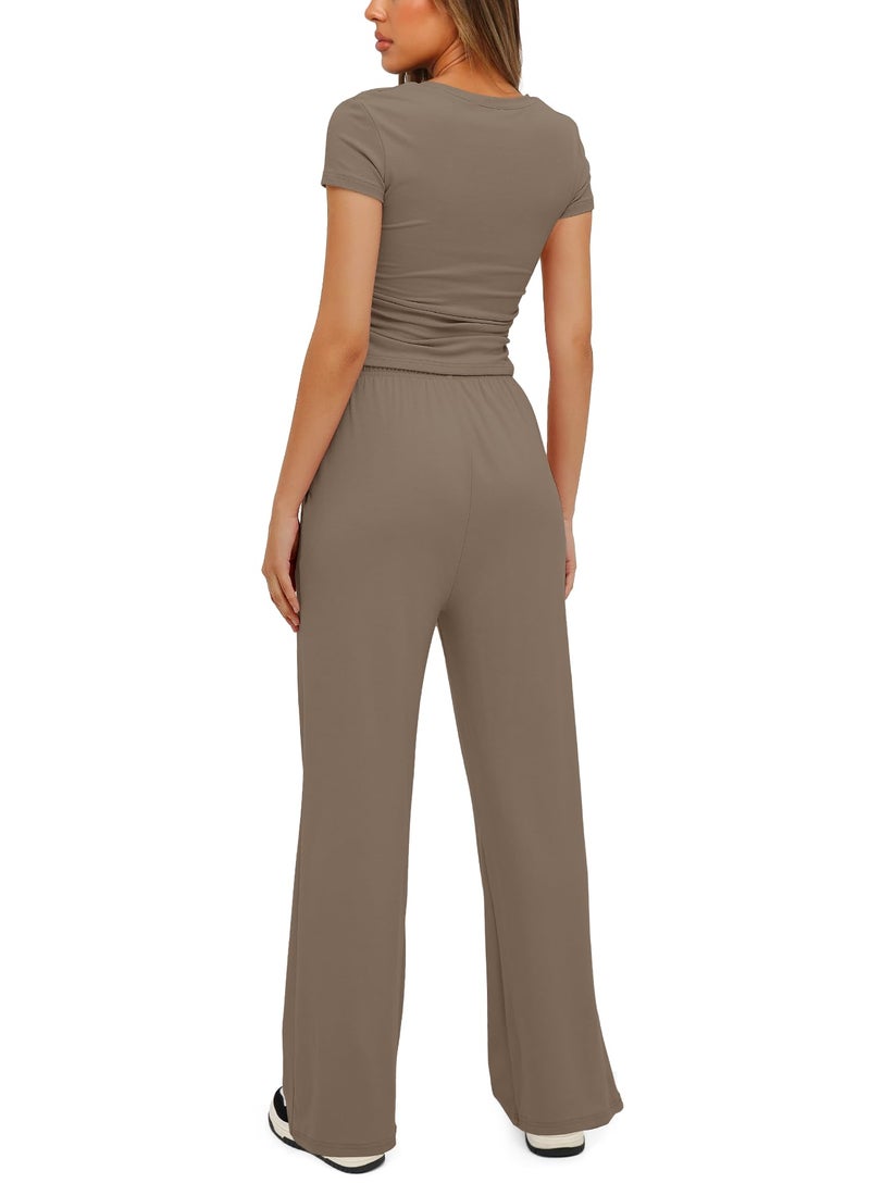 Darong Women's 2 Piece Set Outfits Lounge Sets Ruched Short Sleeve Tops High Waisted Wide Leg Pants Tracksuit Sets 9042A(inseam28-29) Light Khaki S - Image 2