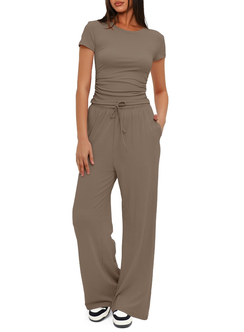 Darong Women's 2 Piece Set Outfits Lounge Sets Ruched Short Sleeve Tops High Waisted Wide Leg Pants Tracksuit Sets 9042A(inseam28-29) Light Khaki S - Image 1
