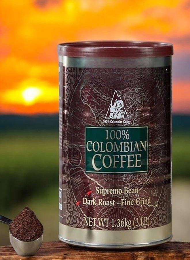100% Colombian Ground Coffee - Kirklan Dark Roast, Supremo Bean, Fine Grind, 3 lb Can - Kosher Certified - Image 1