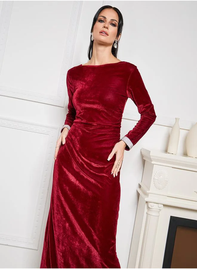 Styli Embellished Cuff Velvet A-Line Maxi Dress