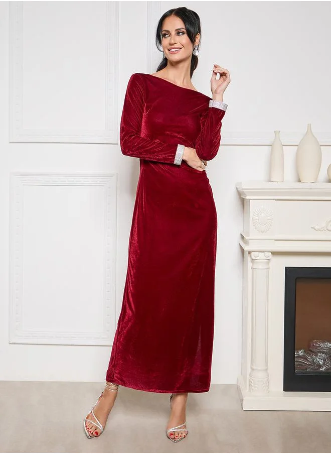 Styli Embellished Cuff Velvet A-Line Maxi Dress