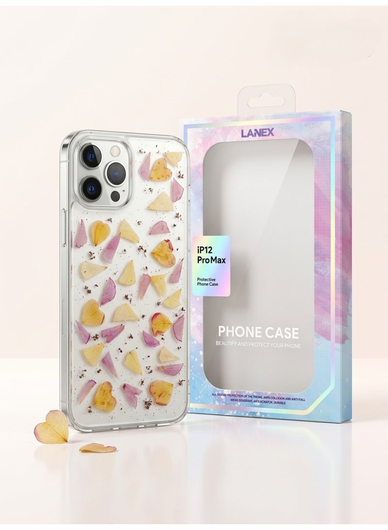 لانيكس جراب حماية شفاف لهاتف ايفون 12 برو ماكس بتصميم بتلات زهور مجففة حقيقية وقلوب من لانيكس LANEX - كفر خلفي أنيق مضاد للصدمات - Image 3