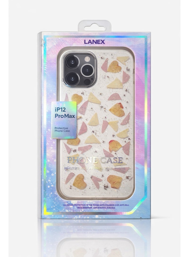 لانيكس جراب حماية شفاف لهاتف ايفون 12 برو ماكس بتصميم بتلات زهور مجففة حقيقية وقلوب من لانيكس LANEX - كفر خلفي أنيق مضاد للصدمات - Image 4