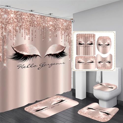 AZHM 4PCS Pretty Eyelash Shower Curtain Set Hello Gorgeous Bathroom Decor Set Pink Rose Gold Bathroom Curtains Shower Set with Shower Curtain and Rugs and Accessories - Image 1