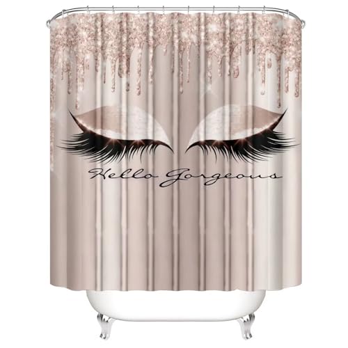 AZHM 4PCS Pretty Eyelash Shower Curtain Set Hello Gorgeous Bathroom Decor Set Pink Rose Gold Bathroom Curtains Shower Set with Shower Curtain and Rugs and Accessories - Image 4