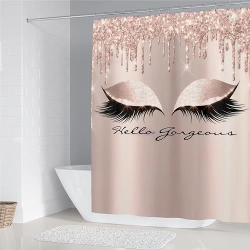 AZHM 4PCS Pretty Eyelash Shower Curtain Set Hello Gorgeous Bathroom Decor Set Pink Rose Gold Bathroom Curtains Shower Set with Shower Curtain and Rugs and Accessories - Image 2