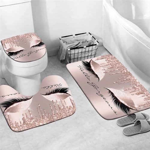 AZHM 4PCS Pretty Eyelash Shower Curtain Set Hello Gorgeous Bathroom Decor Set Pink Rose Gold Bathroom Curtains Shower Set with Shower Curtain and Rugs and Accessories - Image 3