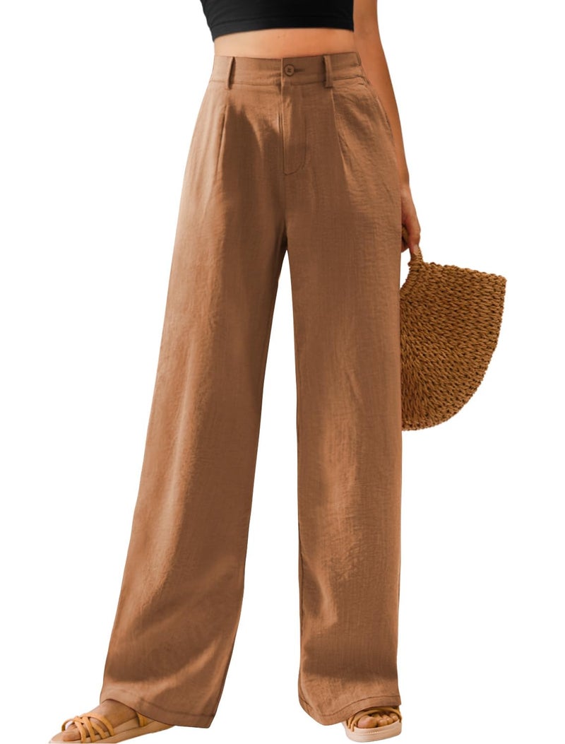 Feiersi Womens Casual Wide Leg Pants High Waisted Button Down Straight Long Trousers Palazzo PantsBrownSmall