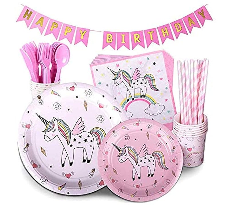 MANGO Unicorn Party Supplies PINK 72 Piece Pack Childrens Rainbow Birthday Party Supply Set Bonus Happy Birthday Banner and Paper Party Supplies for Birthday Decoration - Image 2