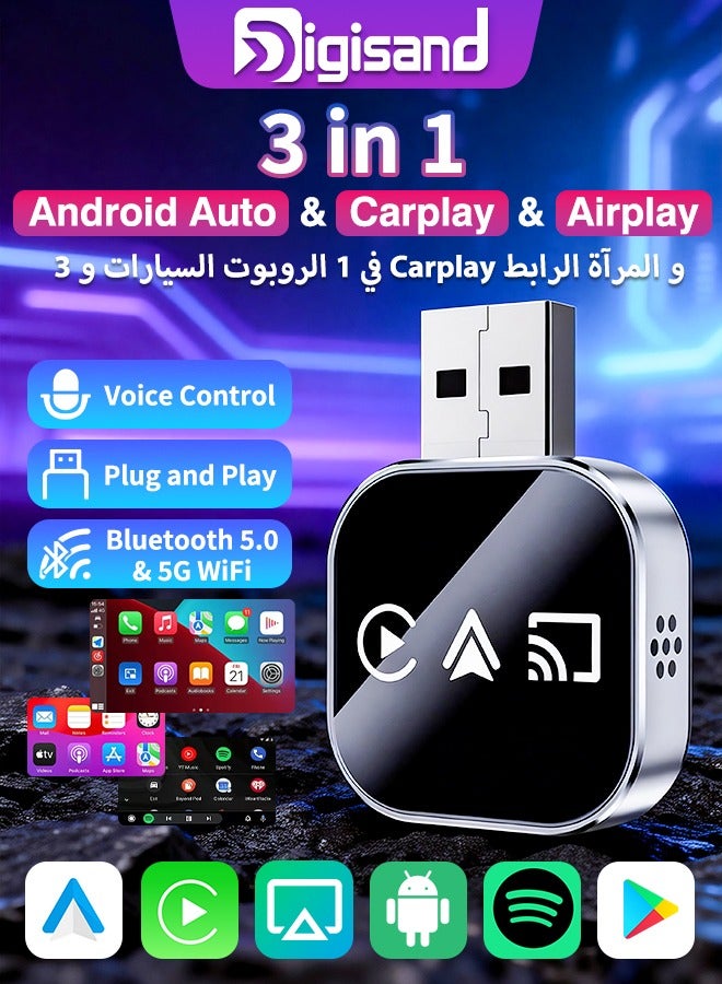 Digisand 3 In1 Wireless Carplay Adapter Smart Mirror Link Carplay Android Auto AirPlay USB Dongle Adapter Wired Carplay To Wireless Plug And Play - Image 1
