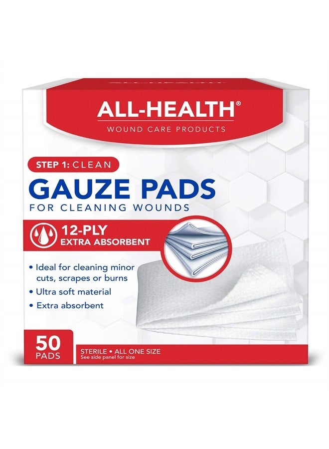 ALL HEALTH Gauze Pads, 50 Pads, 4 X 4 | for Cleaning or Covering Wounds as Wound Dressing, Helps Prevent Infection