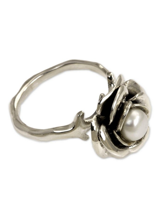 NOVICA Artisan Handmade Cultured Freshwater Pearl Flower Ring Crafted .925 Sterling Silver White Single Stone Indonesia Floral Birthstone Peace 'White Rose'  - Image 1