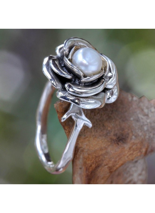 NOVICA Artisan Handmade Cultured Freshwater Pearl Flower Ring Crafted .925 Sterling Silver White Single Stone Indonesia Floral Birthstone Peace 'White Rose'  - Image 4