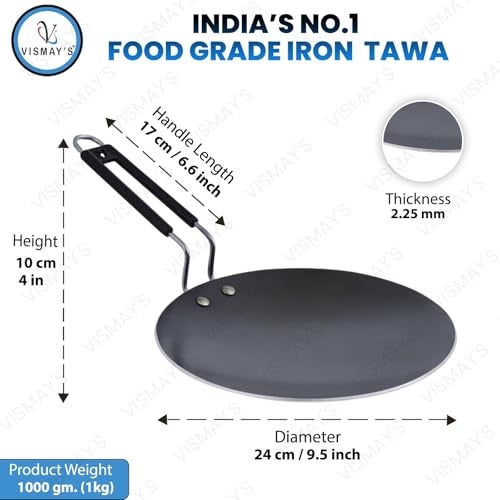 VISMAY'S Pure Iron 9.5 inch Roti Tawa Paratha Chapati Phulka Tava with Smooth Edges (Stainless Steel PVC Handle) Metal Spoon Friendly Even Heat Distribution - Image 3
