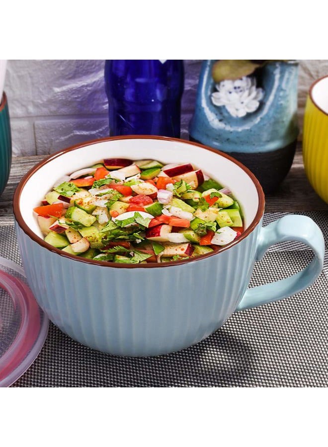 BOSILI Large Microwave Elegant Bowl with Relief, Bone Porcelain Soup Bowls with Lid and Handle (Blue) - Image 5
