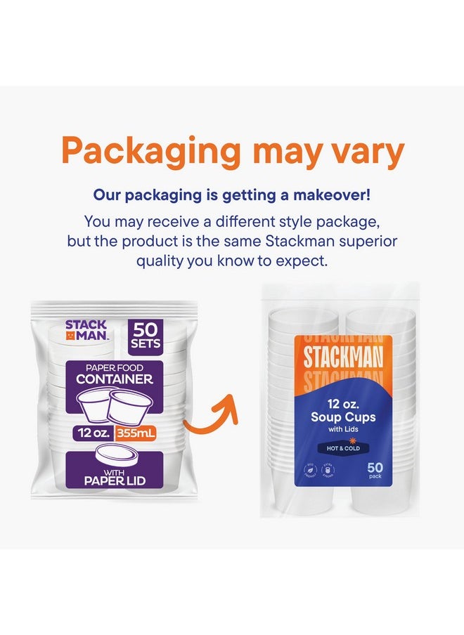 Stack Man 12 oz. - 50 Set Food Containers with Lids, Insulated Eco-Friendly White Containers for Hot or Cold Comestibles, Soup, Yogurt, Ice Cream  - Image 4