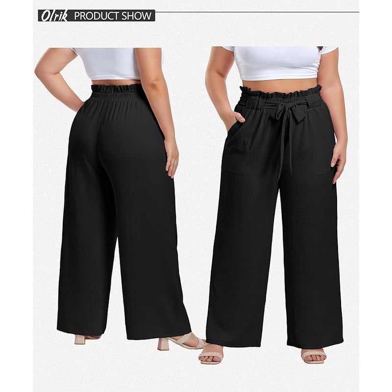 OLRIK Women's Casual Plus Size Pants High Waisted Self-tie Belted Lounge Pants Straight Long Trousers with Pockets - Image 2