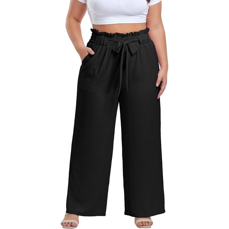 OLRIK Women's Casual Plus Size Pants High Waisted Self-tie Belted Lounge Pants Straight Long Trousers with Pockets - Image 1