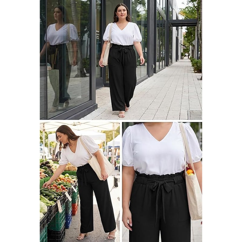 OLRIK Women's Casual Plus Size Pants High Waisted Self-tie Belted Lounge Pants Straight Long Trousers with Pockets - Image 4