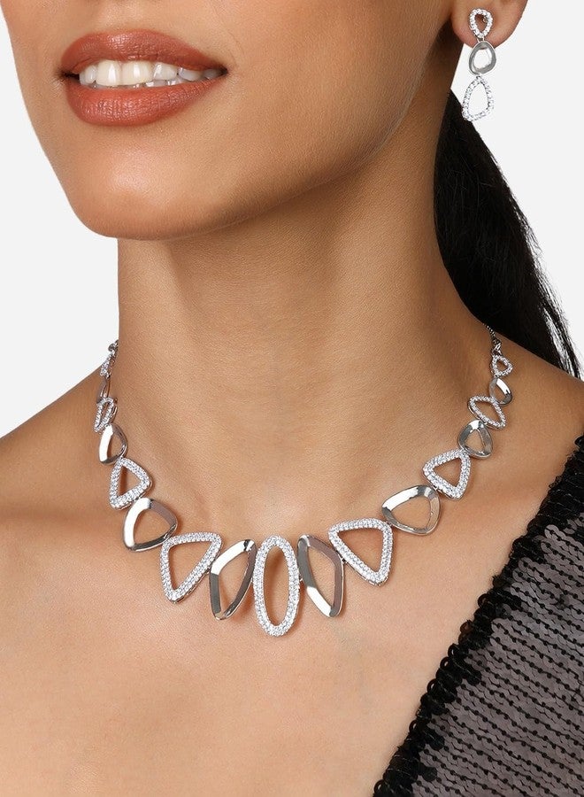Ami Silver Tone Dazzling Cubic Zirconia Brass Choker Necklace and Earring Set For Women-ZPFK20609 - Image 2