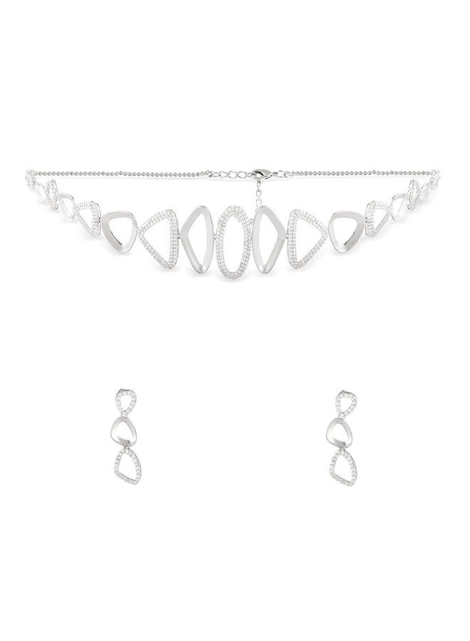 Ami Silver Tone Dazzling Cubic Zirconia Brass Choker Necklace and Earring Set For Women-ZPFK20609 - Image 1