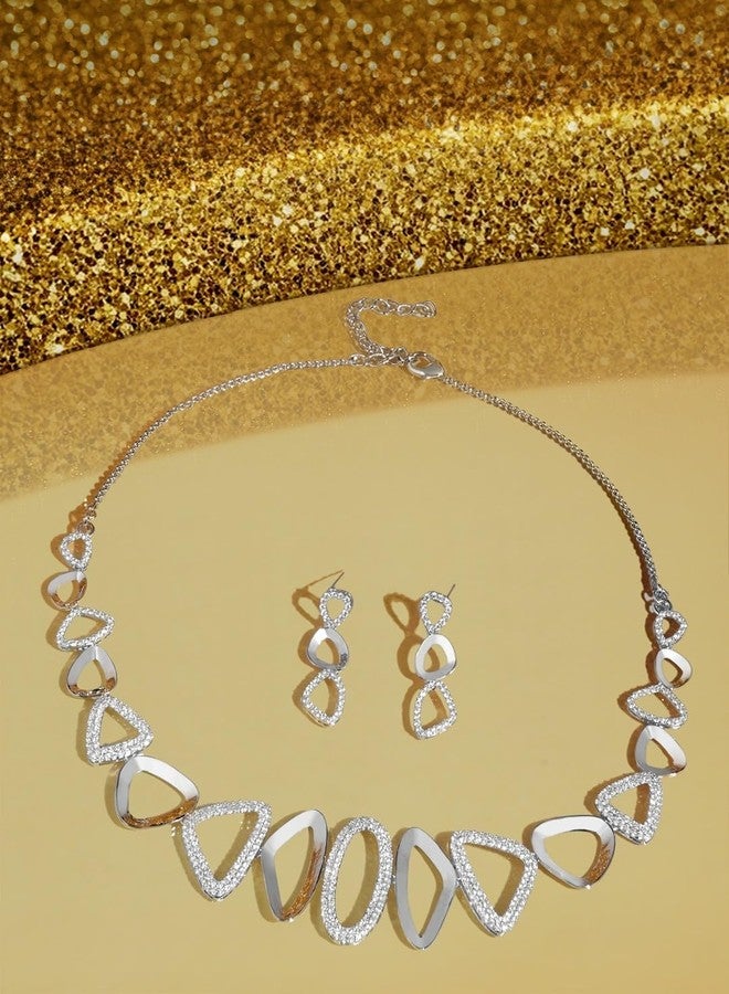 Ami Silver Tone Dazzling Cubic Zirconia Brass Choker Necklace and Earring Set For Women-ZPFK20609 - Image 3