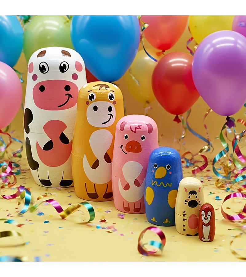 6 Hand Painted White Cow Nesting Dolls Matryoshka Farm Animal Stacking Toys Set - Image 1