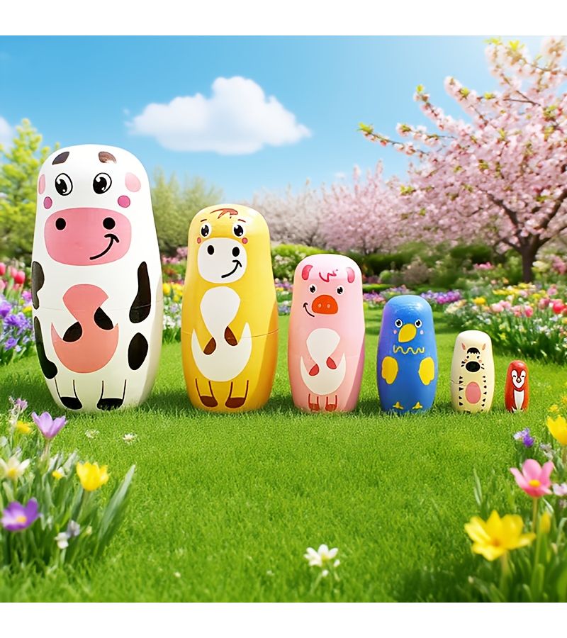 6 Hand Painted White Cow Nesting Dolls Matryoshka Farm Animal Stacking Toys Set - Image 5