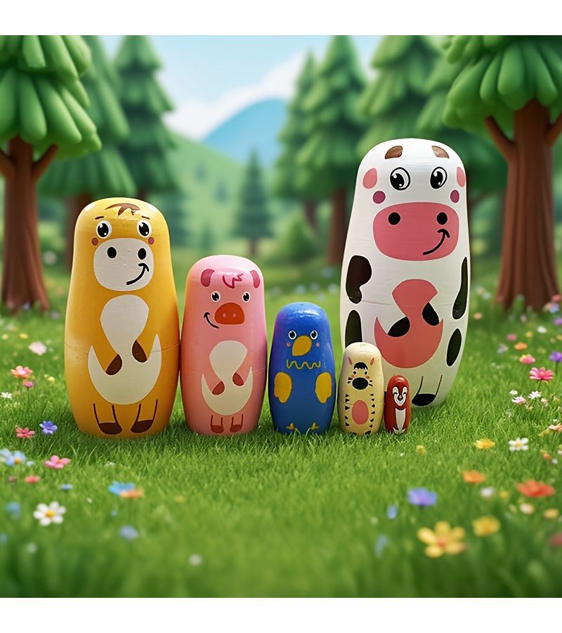6 Hand Painted White Cow Nesting Dolls Matryoshka Farm Animal Stacking Toys Set - Image 3