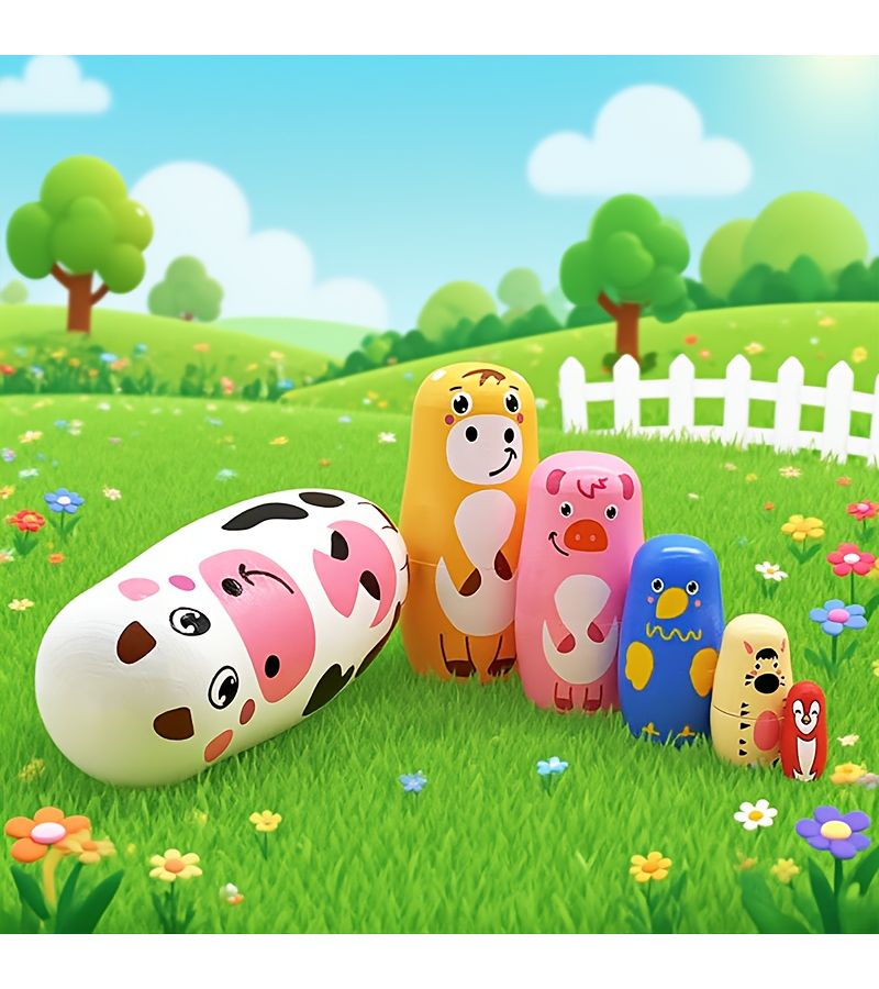 6 Hand Painted White Cow Nesting Dolls Matryoshka Farm Animal Stacking Toys Set - Image 4