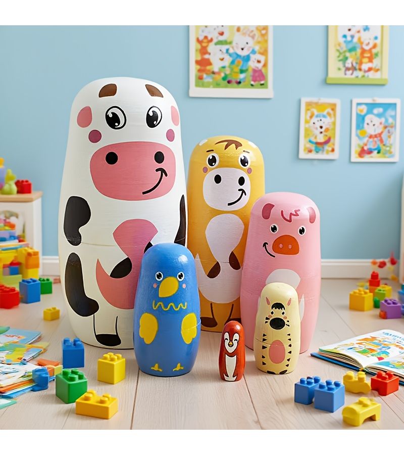 6 Hand Painted White Cow Nesting Dolls Matryoshka Farm Animal Stacking Toys Set - Image 2