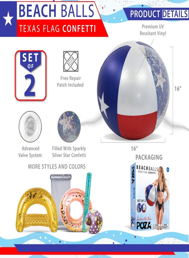 POZA Set of 2 Texas Flag Inflatable Beach Balls - 16 Inch Beach Balls with Sparkly Silver Star Confetti Design, PVC Vinyl Inflatable Pool Toys for Summer Fun Water Games - 2 Packs / 16 Inches - Image 3