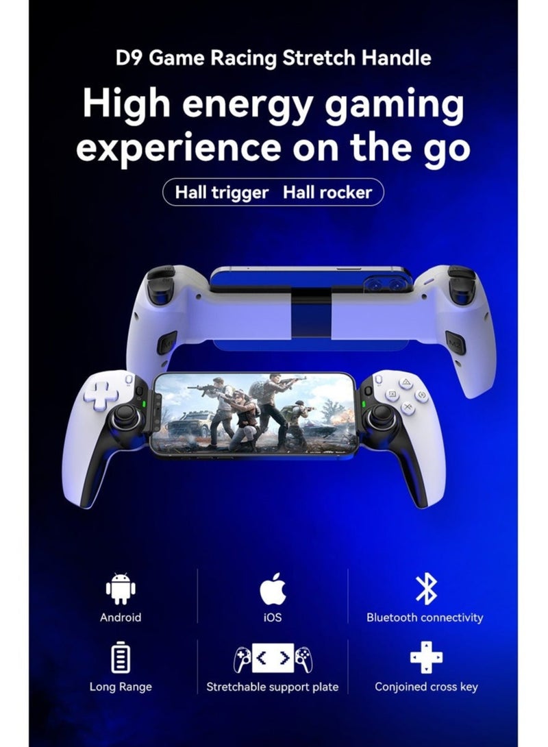 D9 Mobile Game Controller Telescopic Gamepad For Android IOS PS3 PS4 Switch ios HAll Joysitck with Turbo/6-axis Gyro/Vibration (White)