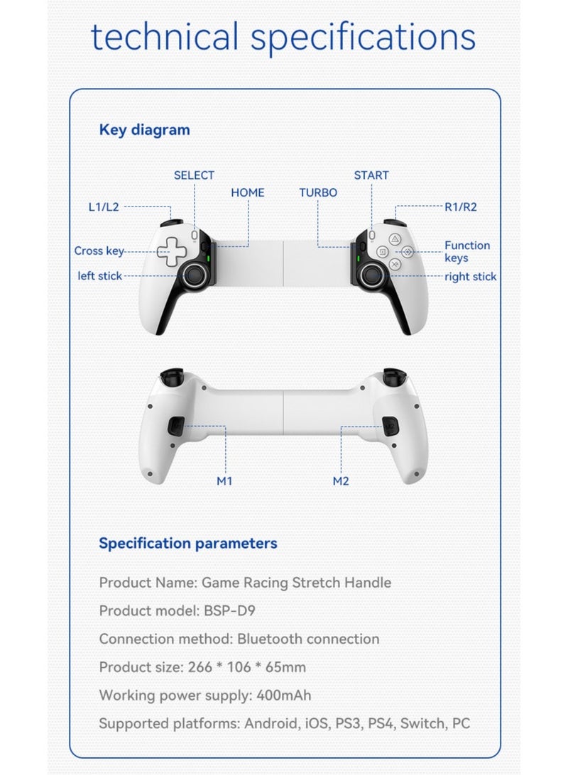 D9 Mobile Game Controller Telescopic Gamepad For Android IOS PS3 PS4 Switch ios HAll Joysitck with Turbo/6-axis Gyro/Vibration (White)