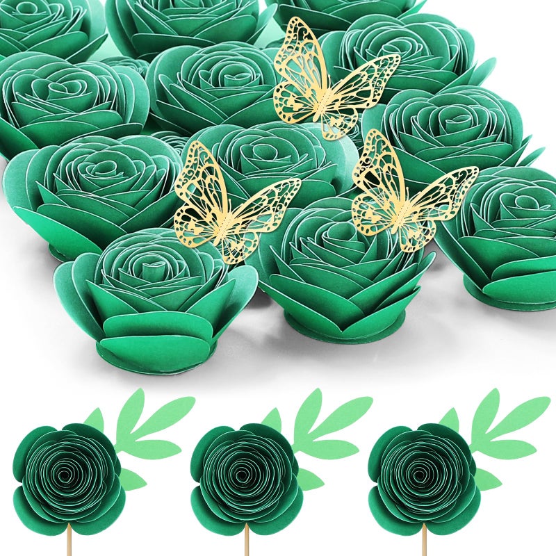 Mverse Mverse 3D Rolled Artificial Roses Paper Flowers  Mini Crafts DIY Gift Decorations for Custom Shadow Box Frame  Graduation Cap  Cake Topper (18 Pieces  Dark Green)  - Image 1