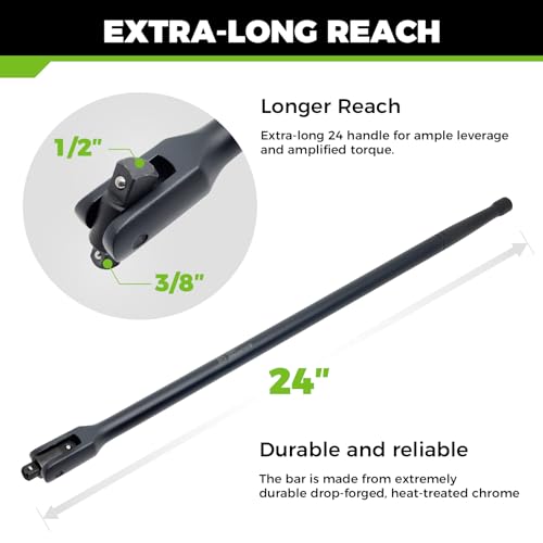 Der Erwachte Dual Drive Breaker Bar, 3/8" & 1/2" Drive, Heavy Duty Breaker Bars, 24-inch Length with 360° Rotatable Head, Spring-loaded Detent Ball, Chrome Vanadium Steel Made With Black Powder Coating - Image 2
