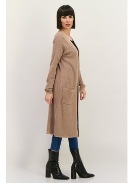 LUXE Women Split Neck Textured Cardigan, Tan  - Image 3