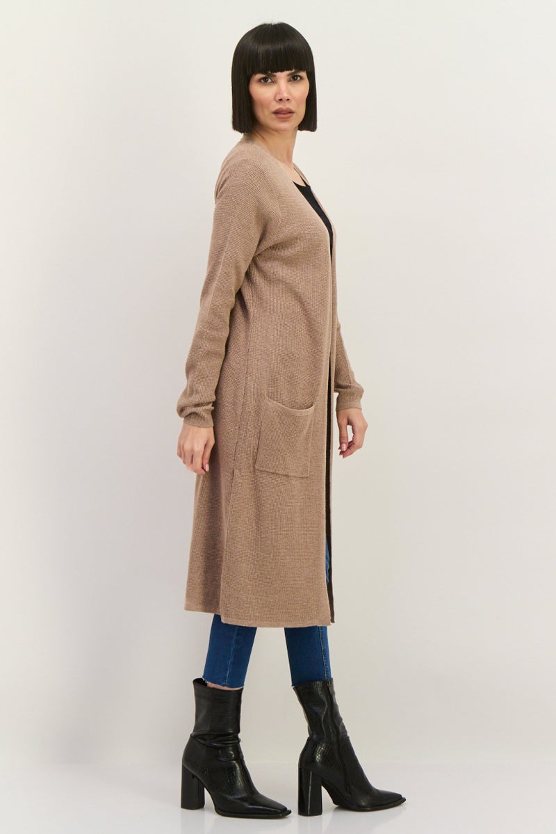 LUXE Women Split Neck Textured Cardigan, Tan - Image 3