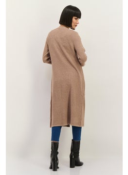 LUXE Women Split Neck Textured Cardigan, Tan  - Image 4