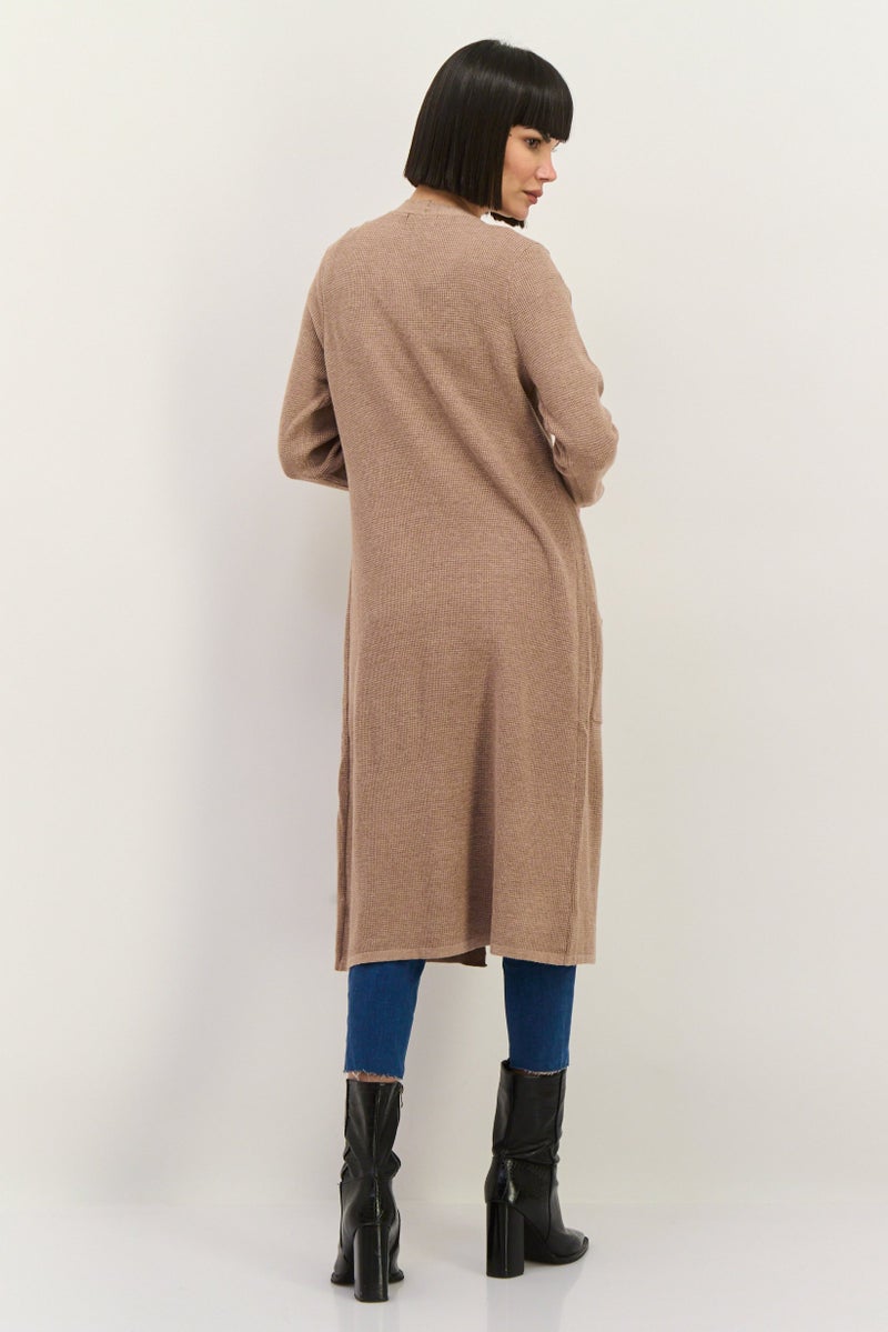 LUXE Women Split Neck Textured Cardigan, Tan - Image 4