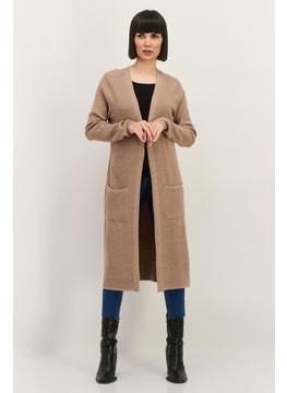 LUXE Women Split Neck Textured Cardigan, Tan  - Image 1